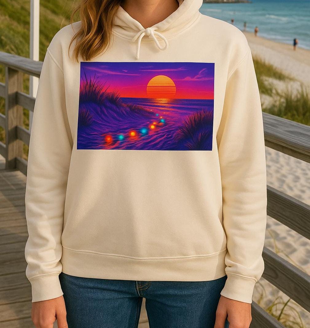Neon Sunset Beach Christmas Lights Hoodie | Retro Ocean Sunset