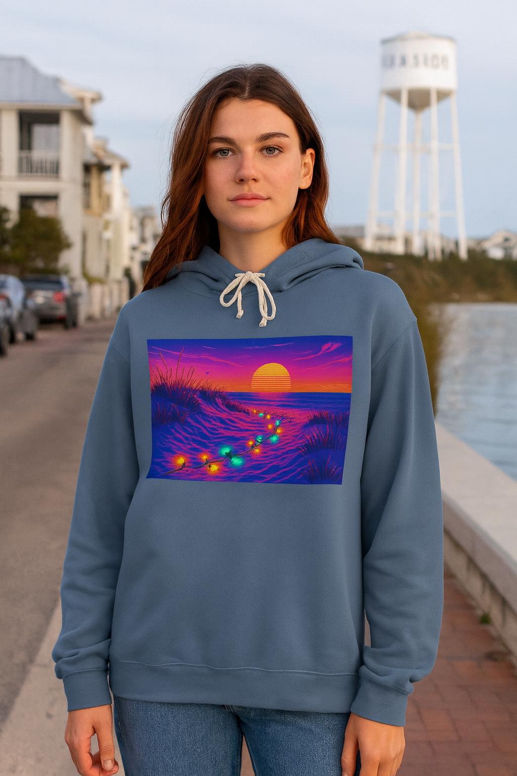 Neon Sunset Beach Christmas Lights Hoodie | Retro Ocean Sunset