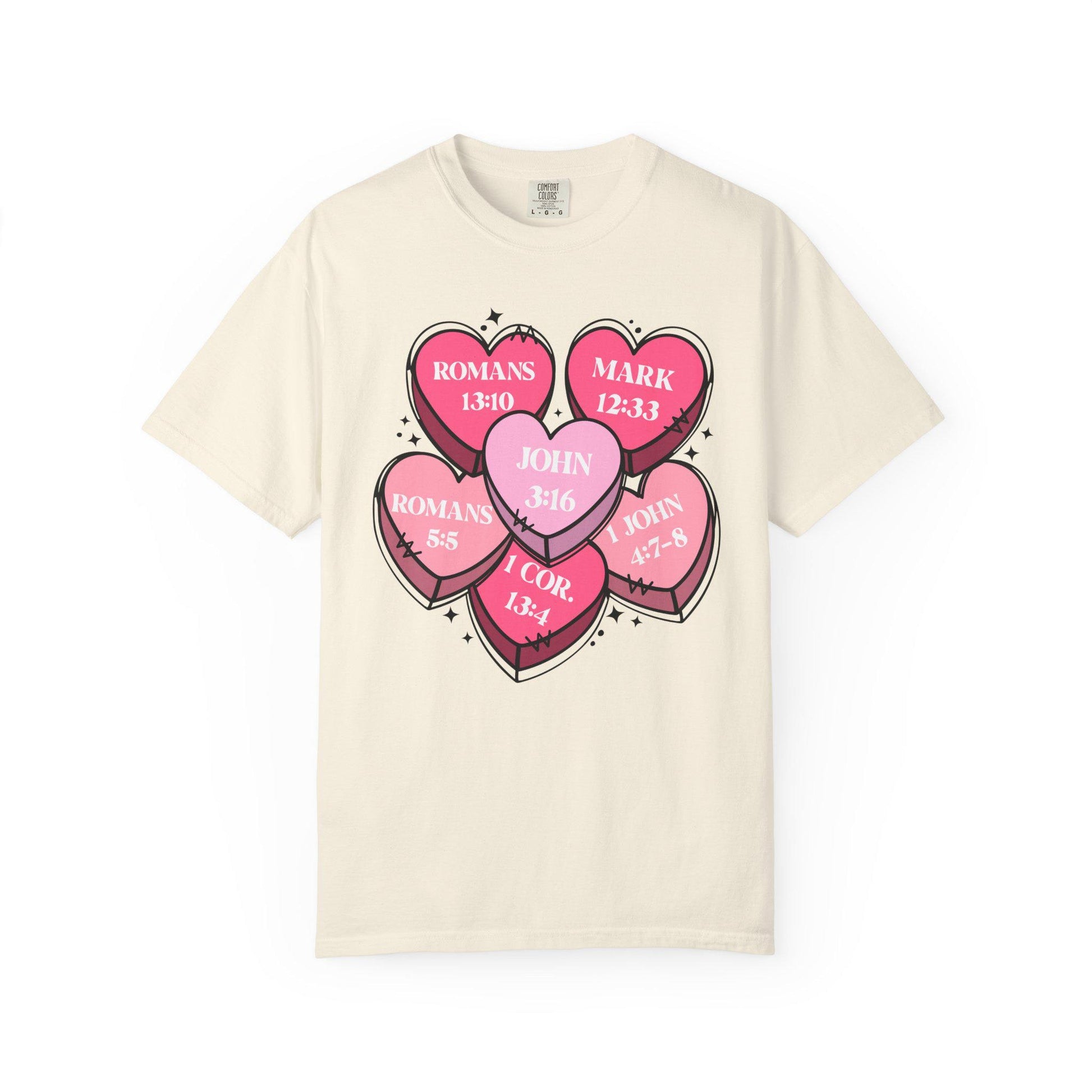 Scripture Heart Cluster T-Shirt | Pink Candy Hearts with Bible References