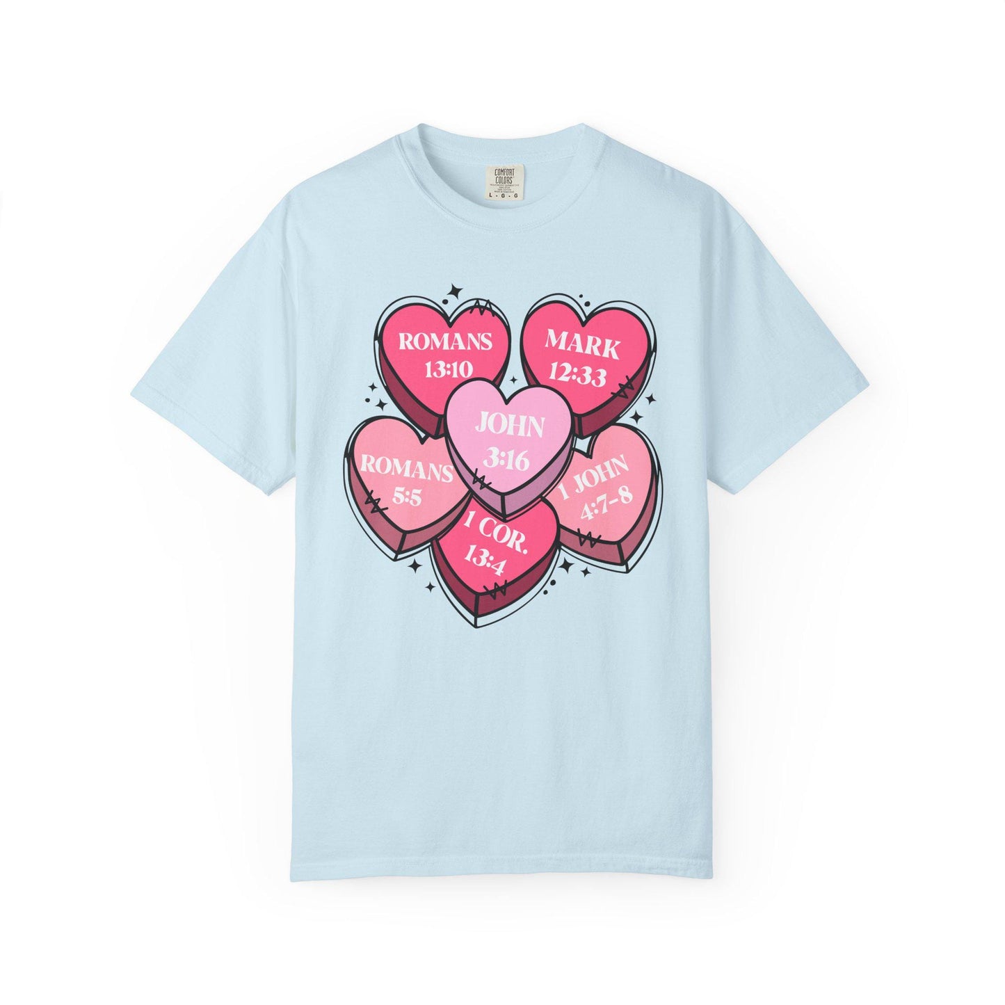 Scripture Heart Cluster T-Shirt | Pink Candy Hearts with Bible References
