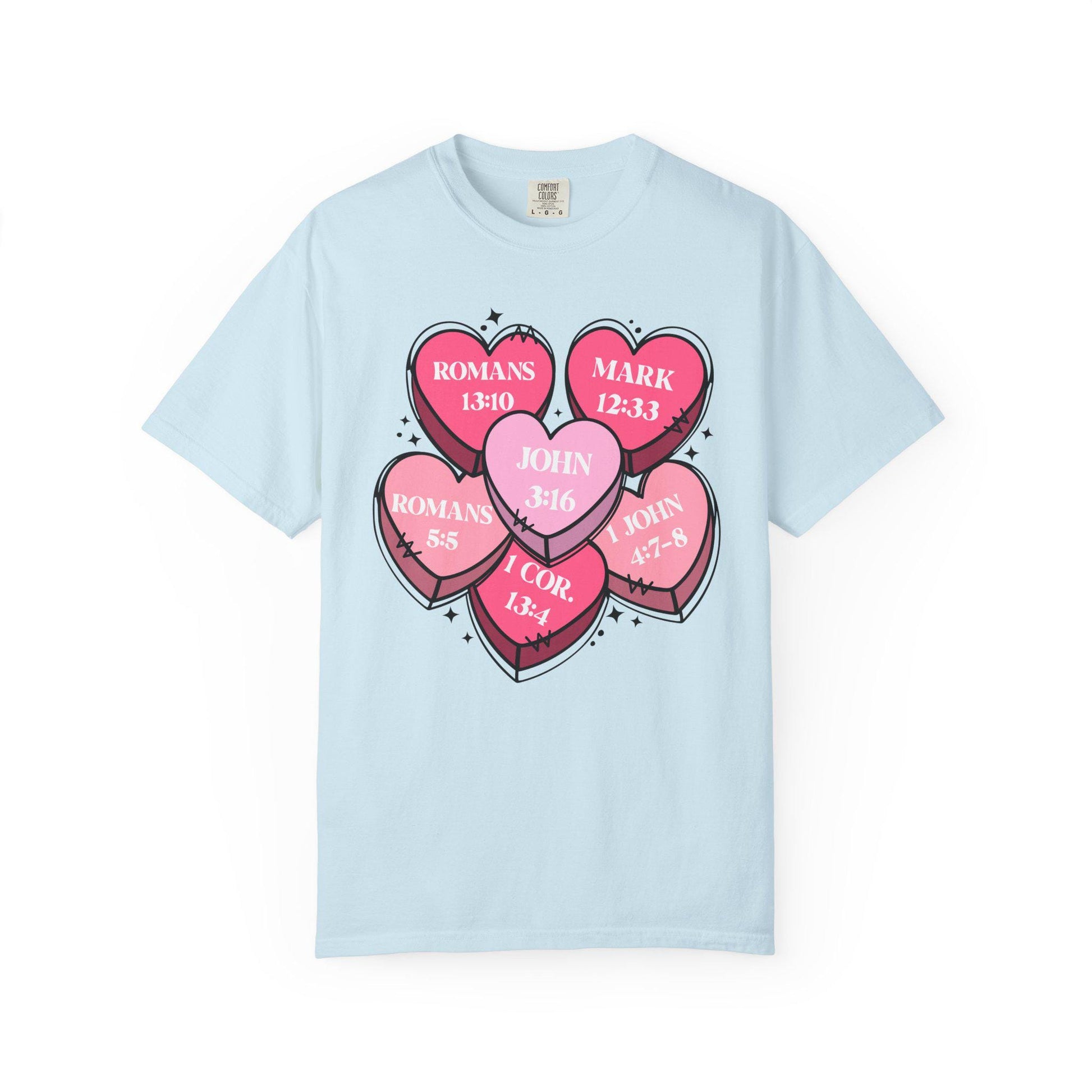 Scripture Heart Cluster T-Shirt | Pink Candy Hearts with Bible References