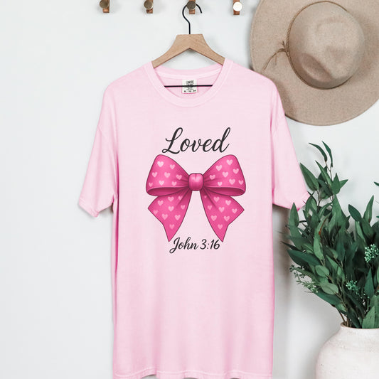 Loved John 3:16 Pink Bow T-Shirt | Christian Faith Scripture Tee