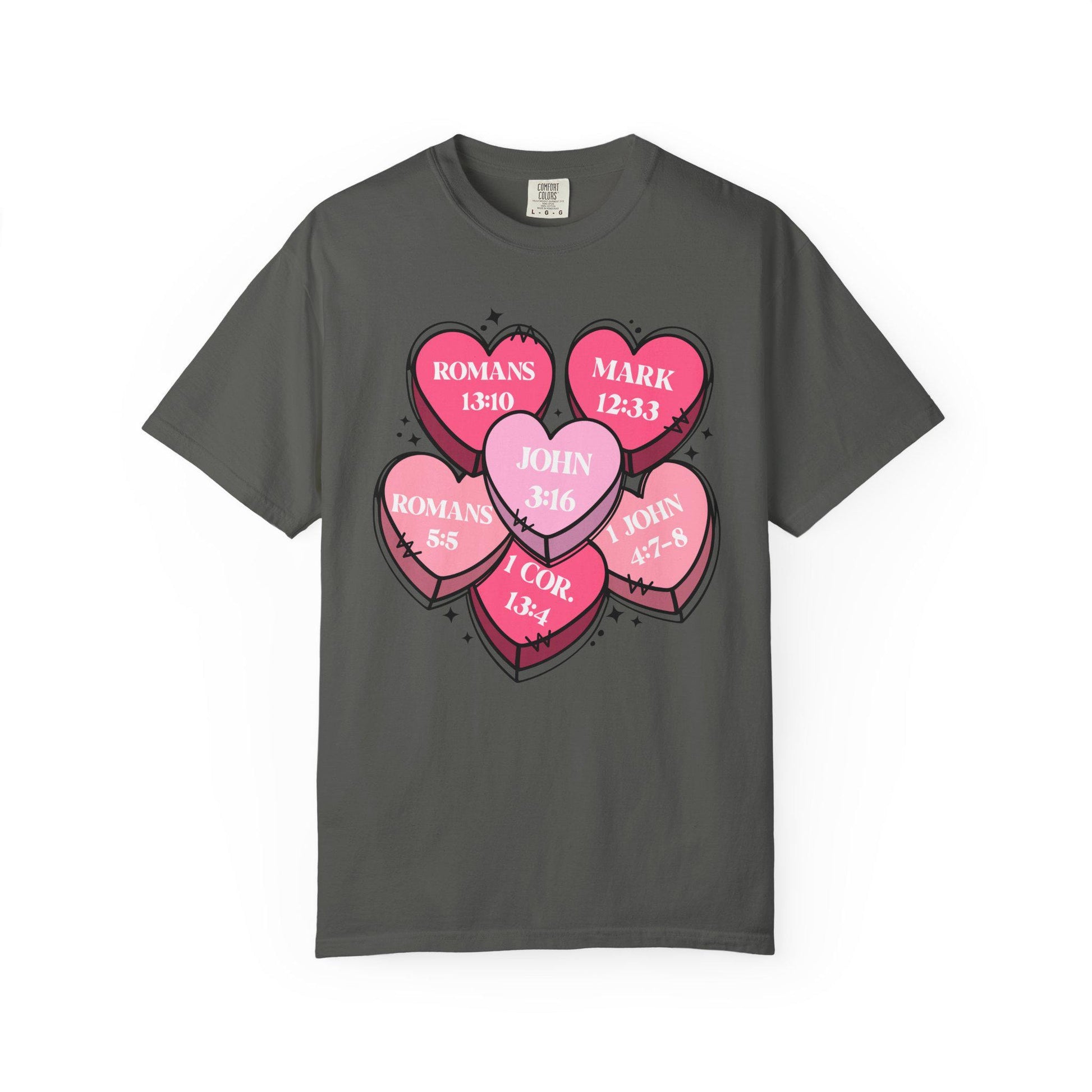 Scripture Heart Cluster T-Shirt | Pink Candy Hearts with Bible References