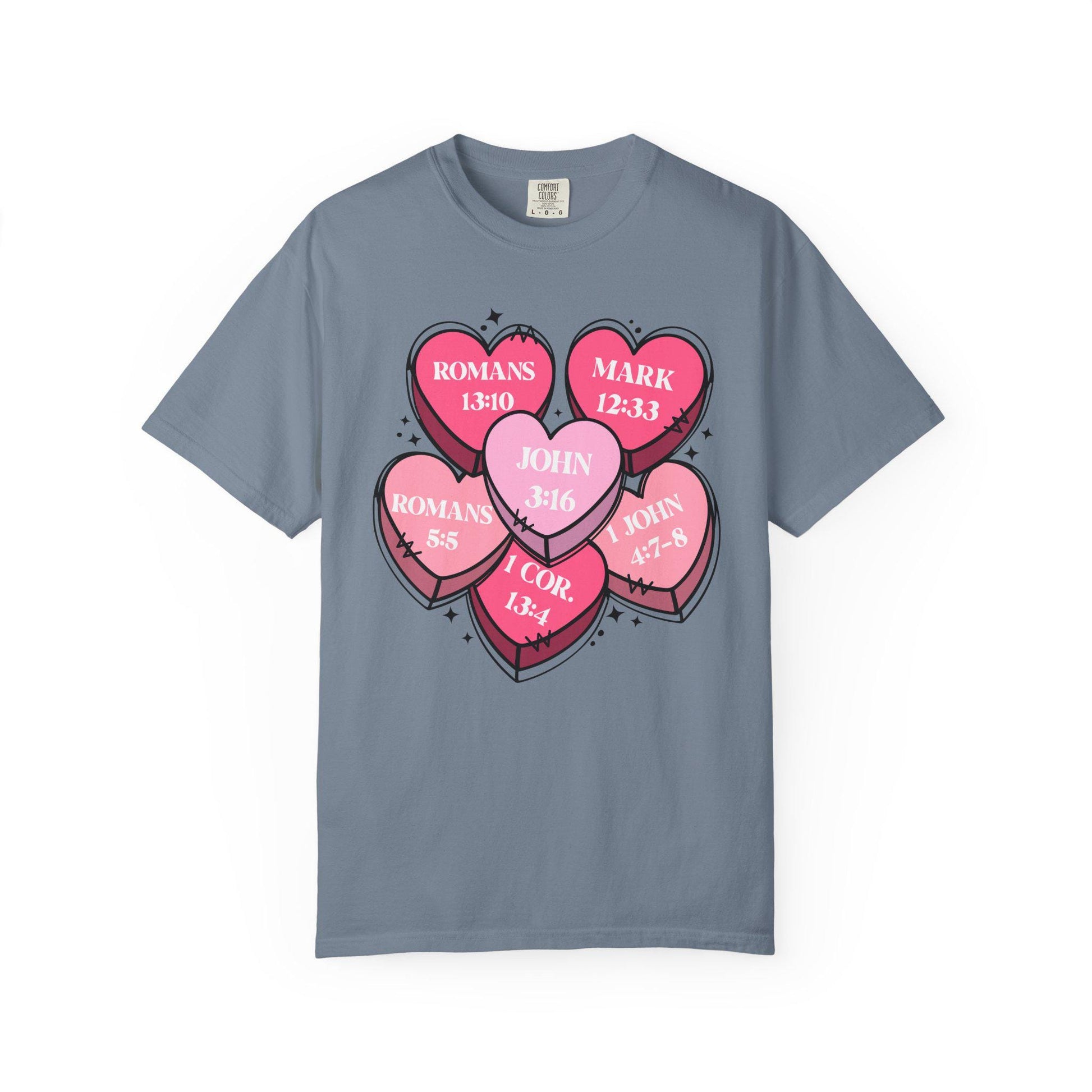 Scripture Heart Cluster T-Shirt | Pink Candy Hearts with Bible References